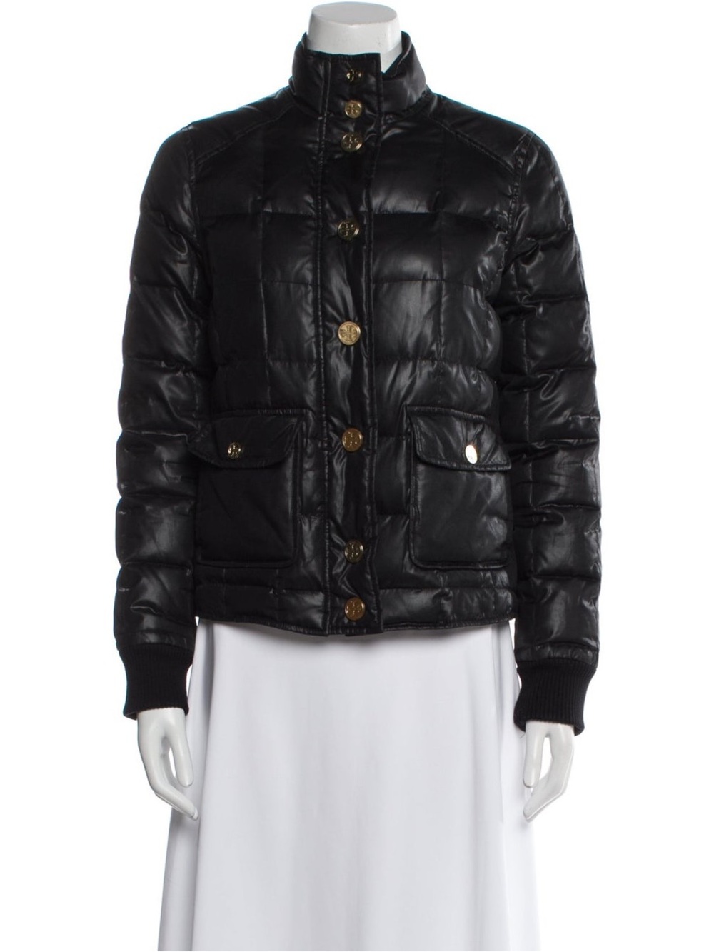 Tory Burch Black Quilted Puffer Jacket with Gold-Tone Buttons